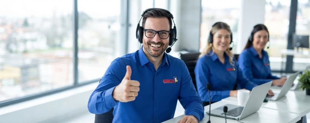 Orca IT support team smiling in the office with headsets